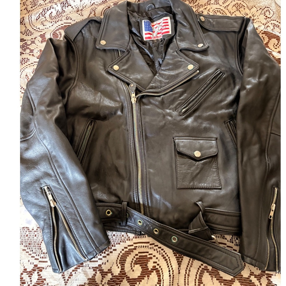 Fieldsheer Jacket Mens 46 Cruiser Black Leather Biker Belted Moto Excellent